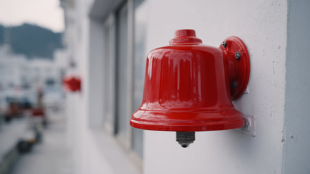 A striking red alarm bell mounted on a white wall stands as a vital safety feature. It symbolizes emergency preparedness and enhances security in urban environments.の素材
