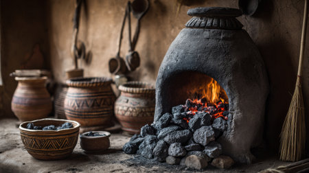 This image showcases a rustic clay fireplace with lively flames, surrounded by traditional pots, highlighting the essence of heritage and craftsmanship in a warm, earthy environment.の素材