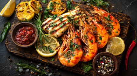 This vibrant image showcases grilled shrimp and fish garnished with lemon slices and fresh herbs on a rustic wooden platter, ideal for food photography.の素材