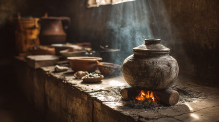 A captivating rustic kitchen scene showcasing a traditional clay pot simmering over an open flame, surrounded by various kitchen utensils and ingredients, encapsulating warmth.の素材