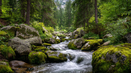 A peaceful forest scene featuring a clear stream gently flowing over smooth mossy rocks, surrounded by lush greenery and tall trees, perfect for nature lovers.の素材