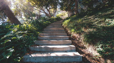 A picturesque view of stone steps amidst lush greenery, illuminated by sunlight filtering through trees, creates a peaceful and inviting atmosphere for outdoor exploration.の素材
