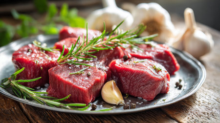 Fresh raw beef steaks arranged on a metal plate, complemented by garlic and rosemary on a textured wooden background, perfect for culinary presentations.の素材