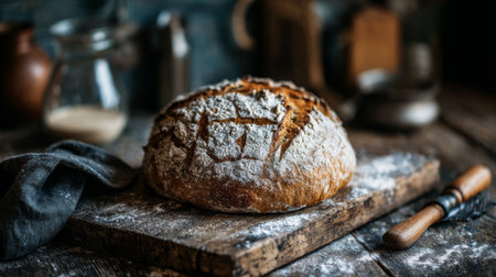 A rustic loaf of freshly baked bread sits on a wooden board, surrounded by flour and kitchen utensils, creating a warm and inviting atmosphere perfect for culinary art.の素材
