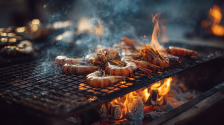 A vivid capture of shrimp grilling over charcoal flames, evoking the joy of summer meals and outdoor gatherings, perfect for food lovers and culinary enthusiasts.の素材