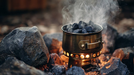 A serene outdoor scene featuring a pot on a charcoal grill, surrounded by rocks, with smoke gently rising, perfect for camping and outdoor cooking inspiration.の素材