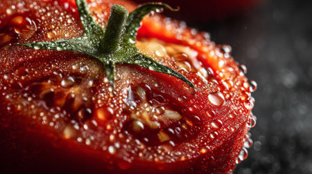 A stunning close-up of a freshly sliced tomato, showcasing glistening water droplets on a vibrant red surface. Ideal for food photography and culinary inspiration.の素材