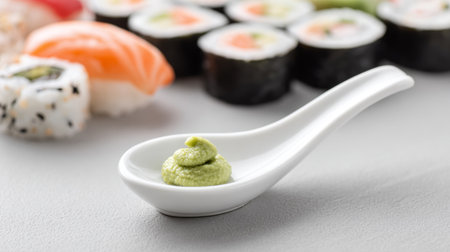 A close-up view of fresh wasabi served in a white spoon, perfectly placed beside a delightful assortment of sushi and sashimi on a sleek gray background.の素材