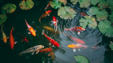 A vibrant scene of koi fish gracefully swimming in a peaceful pond, surrounded by green lily pads, creating a delightful and tranquil environment rich in nature.の素材