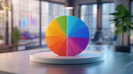 A vibrant color wheel displayed in a modern office setting, symbolizing creativity and design. Ideal for concepts related to strategy and visualization in business.の素材