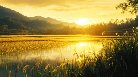 Witness the beauty of a serene sunrise illuminating golden rice fields. The tranquil landscape reflects water against mountains, embodying rural charm.の素材