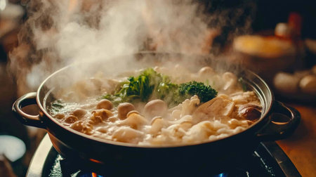 A steaming hot pot filled with fresh vegetables and mushrooms invites a cozy dining experience. Perfect for enjoying with family and friends, it showcases culinary traditions.の素材