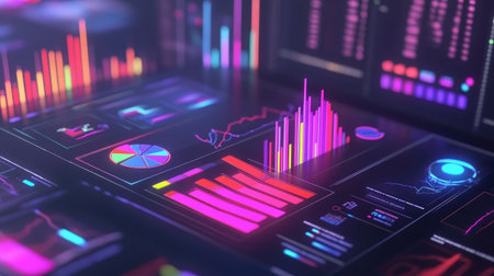 A vibrant and colorful data visualization showcasing various charts and graphs, designed for modern analytics in business and technology environments.の素材