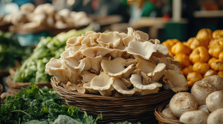 A vibrant display of fresh organic mushrooms in a woven basket at a bustling farmers market, showcasing nature's bounty and promoting healthy eating.の素材
