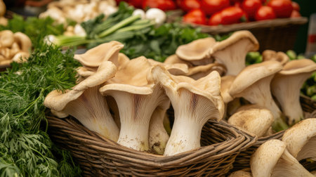 A close-up view of fresh mushrooms displayed in a woven basket at a vibrant market. This scene showcases a variety of organic produce, perfect for culinary creations.の素材
