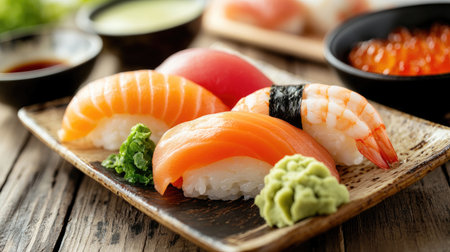 A vibrant assortment of fresh sushi featuring salmon, shrimp, and rice, served with wasabi and ginger on a rustic wooden plate. Ideal for food lovers.の素材