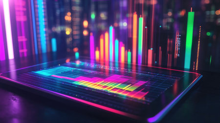 A vibrant digital display showcasing data visualization on a tablet. Features colorful charts and graphs, representing technology and analytical insights.の素材
