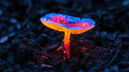 A captivating bioluminescent mushroom stands out in dark soil, emitting an enchanting glow. Its vibrant colors highlight the beauty of nature, showcasing the wonders of fungal life.の素材
