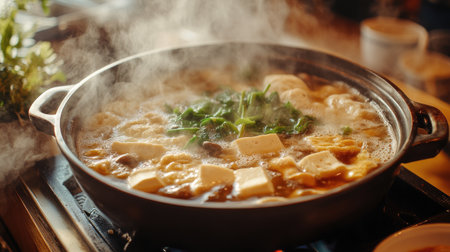 A steaming hot pot filled with fresh ingredients, including tofu and vegetables, creates a flavorful and inviting meal perfect for sharing and enjoying.の素材