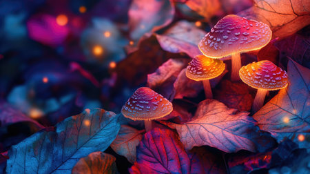Explore a serene scene of glowing mushrooms nestled among vivid leaves, creating a magical atmosphere in the tranquil darkness of nature.の素材