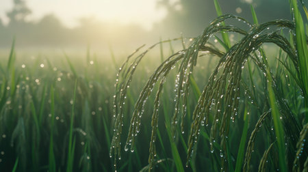 A tranquil view of a rice field at sunrise, showcasing dew-covered grains glistening in soft morning light, evoking feelings of freshness and serenity.の素材