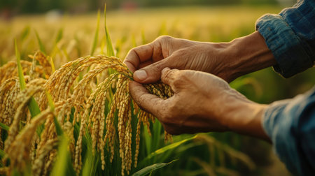 A close-up view of hands gently harvesting golden rice in a lush field during the warm season, showcasing the beauty of agricultural labor and nature.の素材