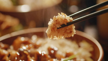 A beautiful close-up of steaming rice held by chopsticks, showcasing the inviting texture and aroma. Perfect for culinary and food-related themes.の素材