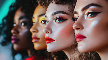A stunning portrait showcasing diverse beauty with vibrant makeup. The image captures unique styles and expressions, celebrating confidence and individuality.の素材