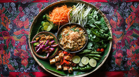 Discover a vibrant Vietnamese food platter featuring fresh herbs, colorful vegetables, and delicious noodles, perfect for showcasing culinary traditions.の素材