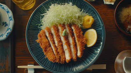 An appetizing plate featuring a crispy chicken cutlet, served with fresh shredded cabbage, lemon wedges, and a hint of wasabi, perfect for a delightful meal.の素材