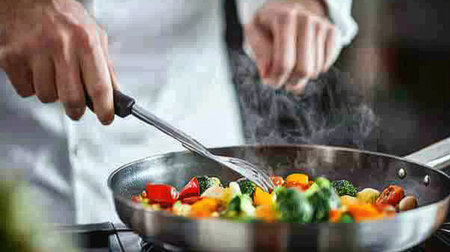 A chef skillfully cooks a colorful mix of fresh vegetables in a pan on the stove. Steam rises, creating a lively atmosphere in the kitchen, perfect for illustrating cooking themes.の素材