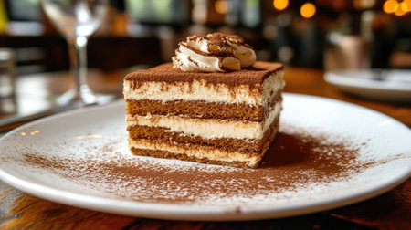 A mouthwatering tiramisu dessert artfully presented on a white plate, showcasing rich layers of coffee-soaked cake and creamy filling, perfect for any occasion.の素材