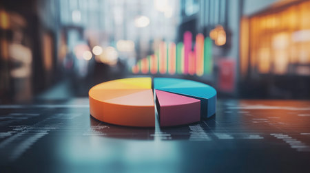 A vibrant pie chart represents data analysis in a modern urban business setting. The colorful segments highlight financial insights and trends for effective decision-making.の素材