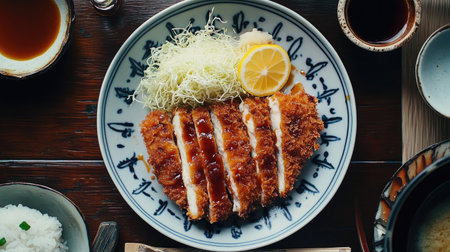 A beautifully plated crispy chicken cutlet served with fresh cabbage salad and a slice of lemon, perfect for a delightful dining experience.の素材