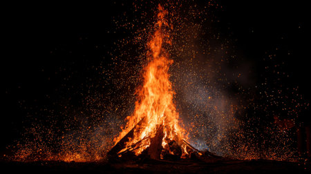 A stunning bonfire blazes in the night, casting warm light and vibrant sparks into the air. Perfect for capturing the essence of outdoor gatherings and celebrations.の素材