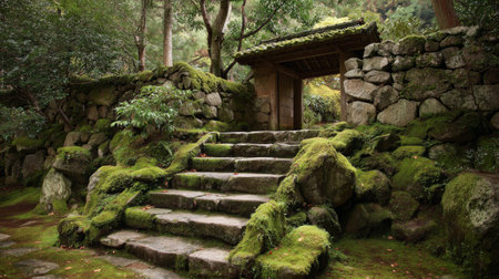 Discover the beauty of a serene stone pathway covered in moss, leading to a rustic gate, surrounded by lush greenery in a tranquil Japanese garden setting.の素材