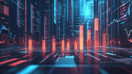 This image showcases a vivid digital data visualization featuring bar graphs and metrics, highlighting trends and performance in a modern tech environment.の素材