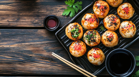 A vibrant arrangement of takoyaki balls on a wooden table, garnished with herbs and sauces, showcasing traditional Japanese street food delights. Perfect for food lovers!の素材