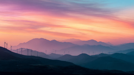 A stunning view showcasing wind turbines on rolling hills under a vibrant sunset. The colorful sky and serene mountains create a perfect backdrop for renewable energy.の素材