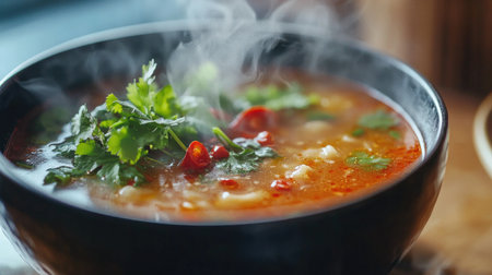 A steaming bowl of spicy soup garnished with fresh herbs and chili, showcasing vibrant colors and enticing textures. Perfect for a cozy meal.の素材