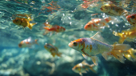 A captivating underwater scene showcasing a variety of colorful fish swimming gracefully through clear water. The interplay of light creates a tranquil aquatic environment, perfect for nature photography.の素材