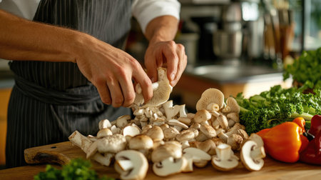 A chef's hands expertly prepare fresh mushrooms on a wooden cutting board, surrounded by vibrant vegetables. A perfect scene for culinary inspiration.の素材