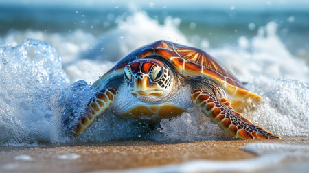 A stunning turtle emerges from the gentle ocean waves, showcasing vibrant colors and intricate patterns on its shell against a sandy beach backdrop.の素材