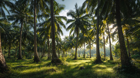 Experience the enchanting beauty of a tropical palm tree forest illuminated by soft sunlight. This lush landscape showcases vibrant greenery, inviting tranquility and peace.の素材