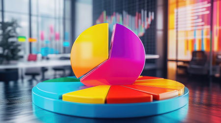 Vibrant pie chart on a sleek platform illustrates business data analysis. Ideal for presentations on marketing trends, financial reports, and strategic planning.の素材