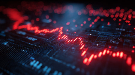 This image showcases a digital visualization of stock market data featuring a red trend graph and data points. It represents financial analysis and investment themes in a modern context.の素材