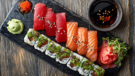 A beautifully arranged sushi platter showcasing vibrant slices of salmon and tuna, accompanied by wasabi, pickled ginger, and soy sauce, perfect for culinary delights.の素材