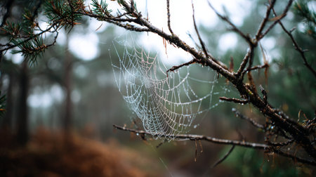 A stunning spider web glistening with dew rests on a tree branch, captured in a misty forest atmosphere, evoking a sense of tranquility and natural beauty.の素材