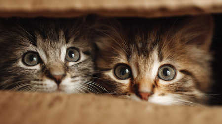 Two cute kittens peek out from a cardboard box, showcasing their bright, expressive eyes and playful spirit. A delightful portrait of feline curiosity and innocence.の素材