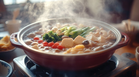 A steaming hot pot filled with fresh vegetables and tofu, showcasing a vibrant mix of colors and inviting warmth, perfect for a comforting meal at home.の素材
